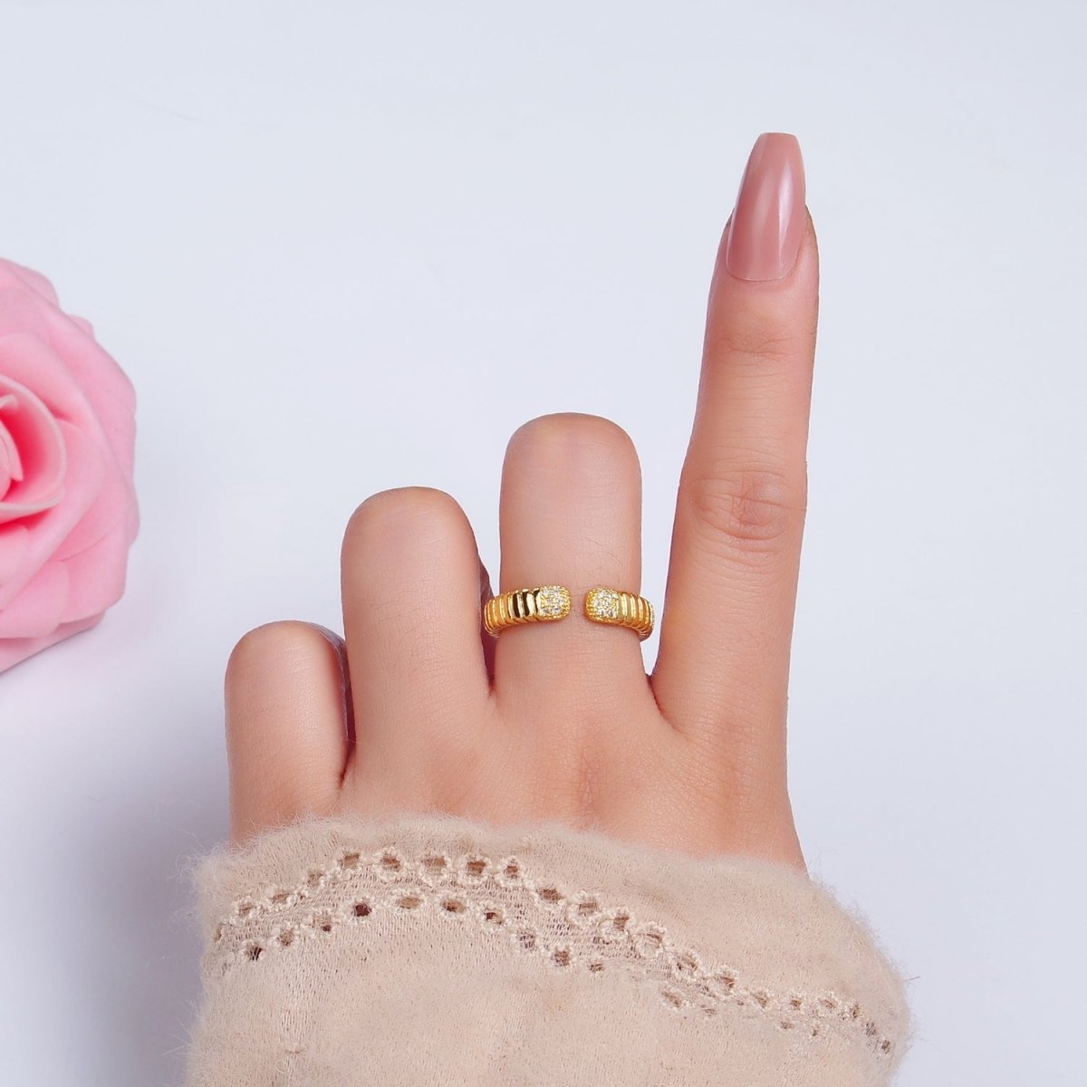 24K Gold Filled Micro Paved CZ Ribbed Claw Ring in Gold & Silver | O482 O483