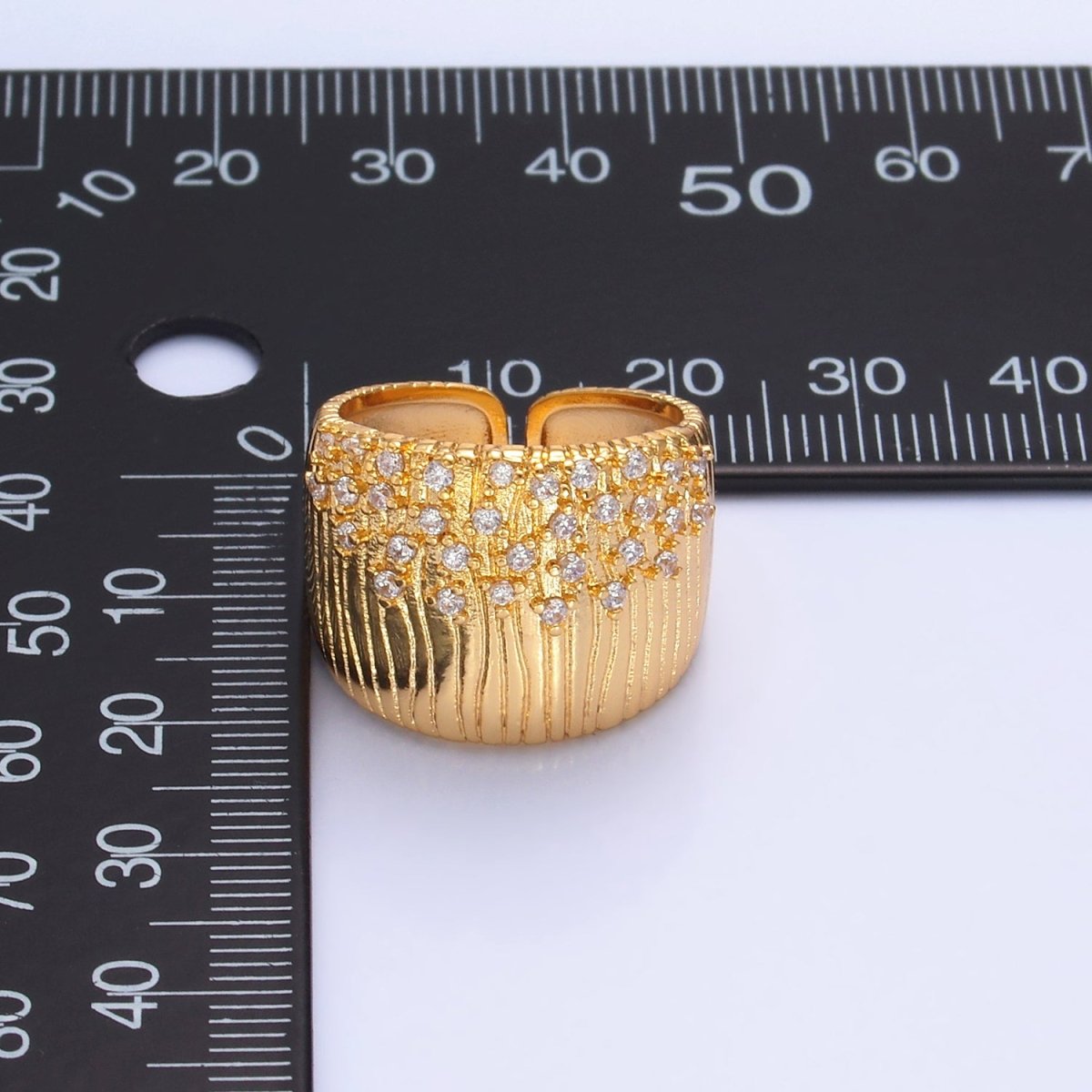 24K Gold Filled Micro Paved CZ Ribbed Cuff Ring | U424
