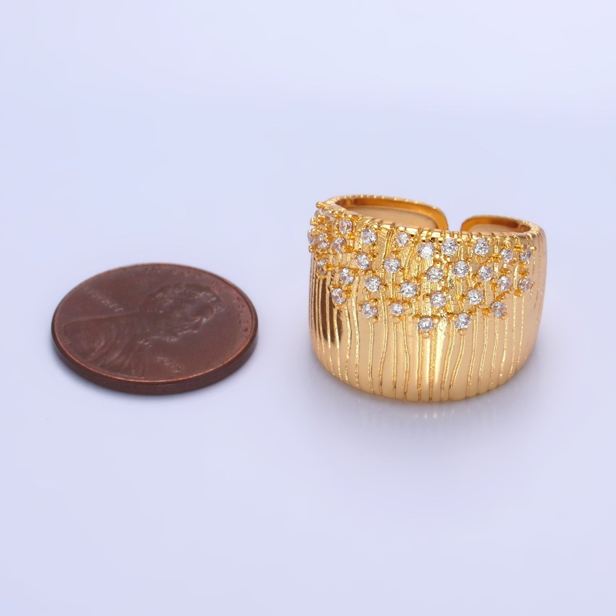 24K Gold Filled Micro Paved CZ Ribbed Cuff Ring | U424