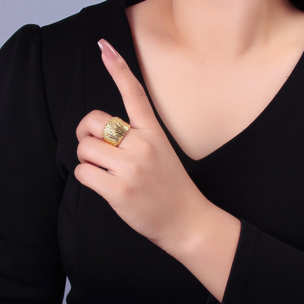 24K Gold Filled Micro Paved CZ Ribbed Cuff Ring | U424