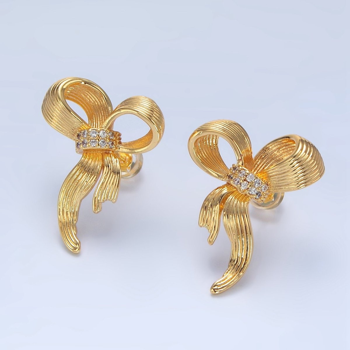 24K Gold Filled Micro Paved CZ Ribbed Ribbon Bow Stud Earrings | AD776