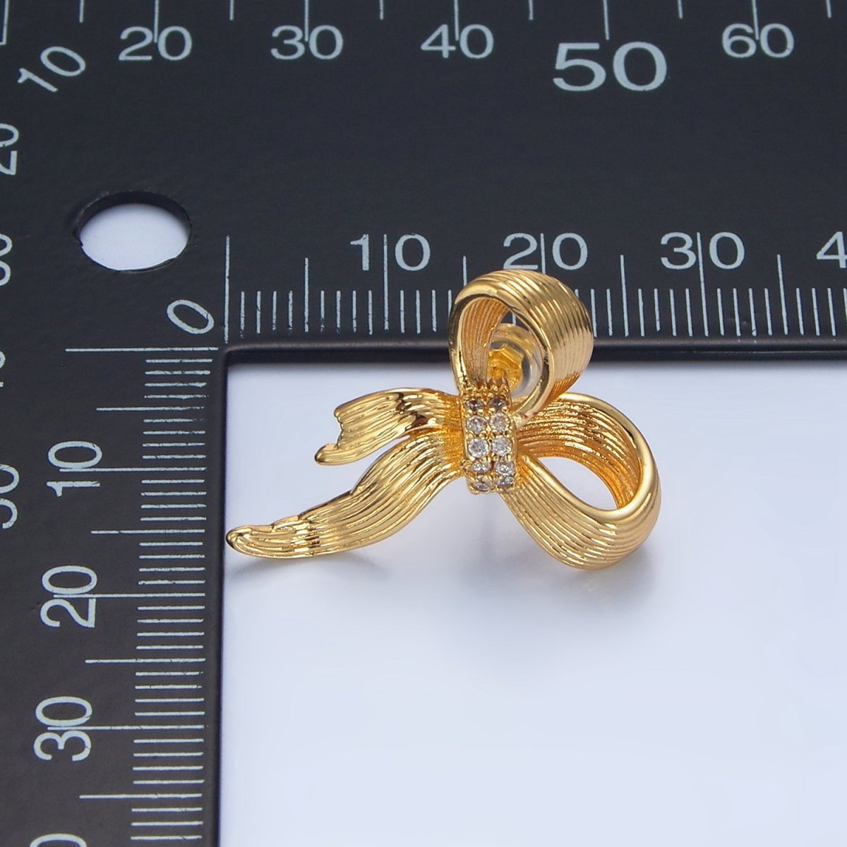 24K Gold Filled Micro Paved CZ Ribbed Ribbon Bow Stud Earrings | AD776