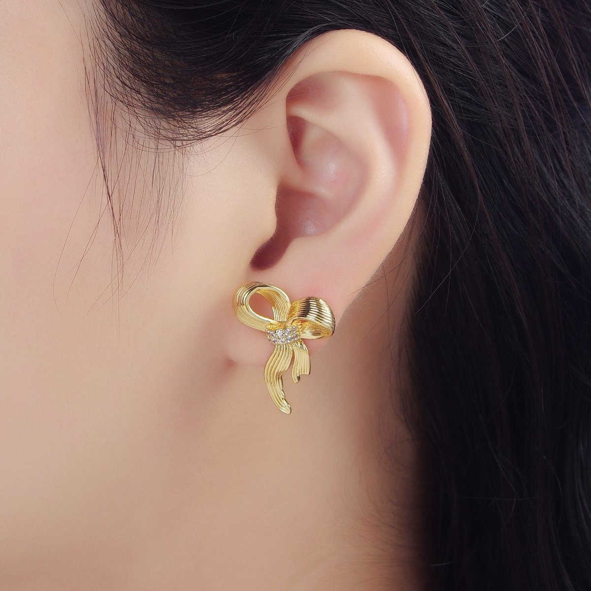 24K Gold Filled Micro Paved CZ Ribbed Ribbon Bow Stud Earrings | AD776