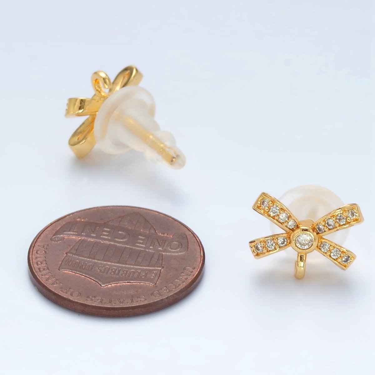 24K Gold Filled Micro Paved CZ Ribbon Bow Open Loop Drop Stud Earrings | Z833