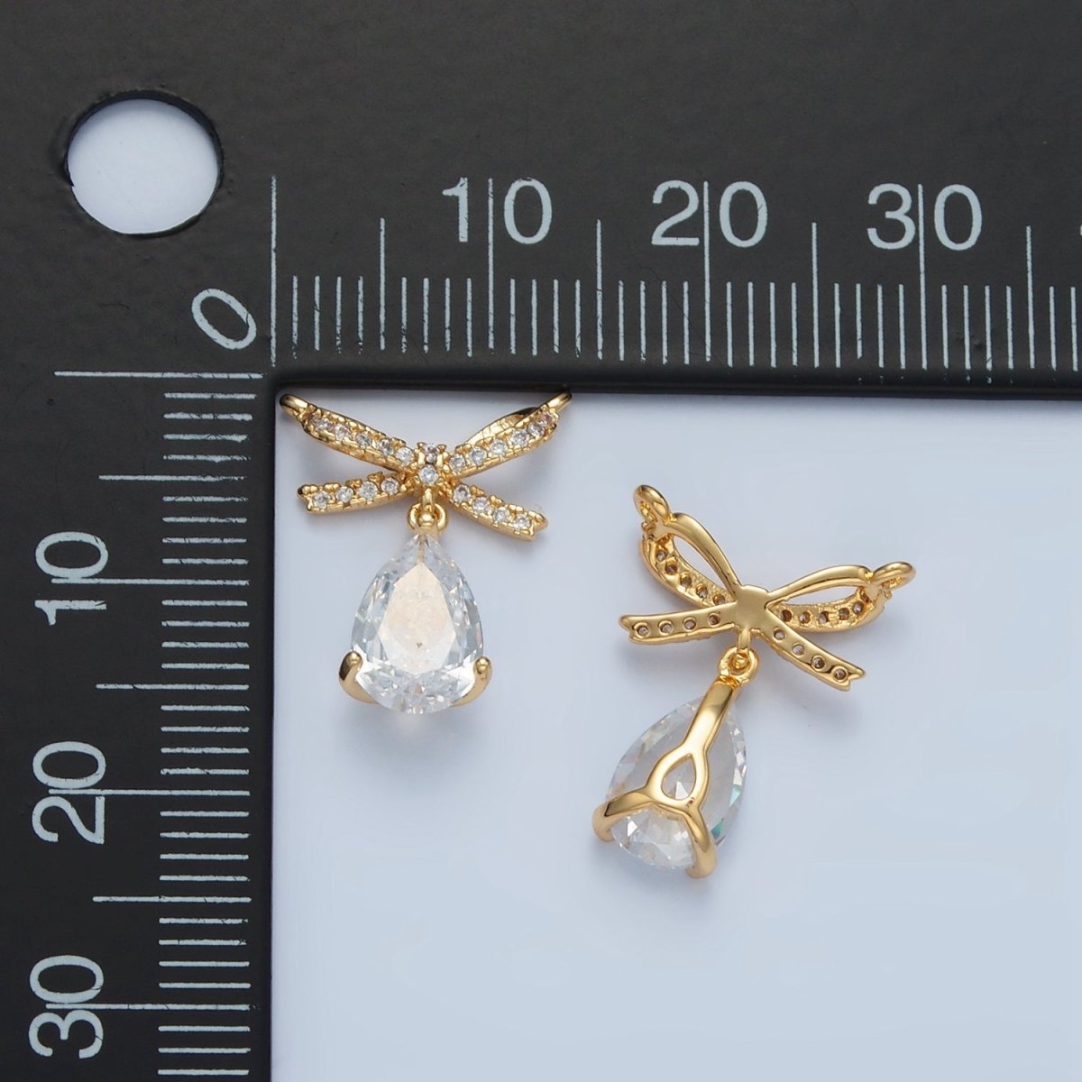 24K Gold Filled Micro Paved CZ Ribbon Bow Teardrop CZ Drop Connector | F239
