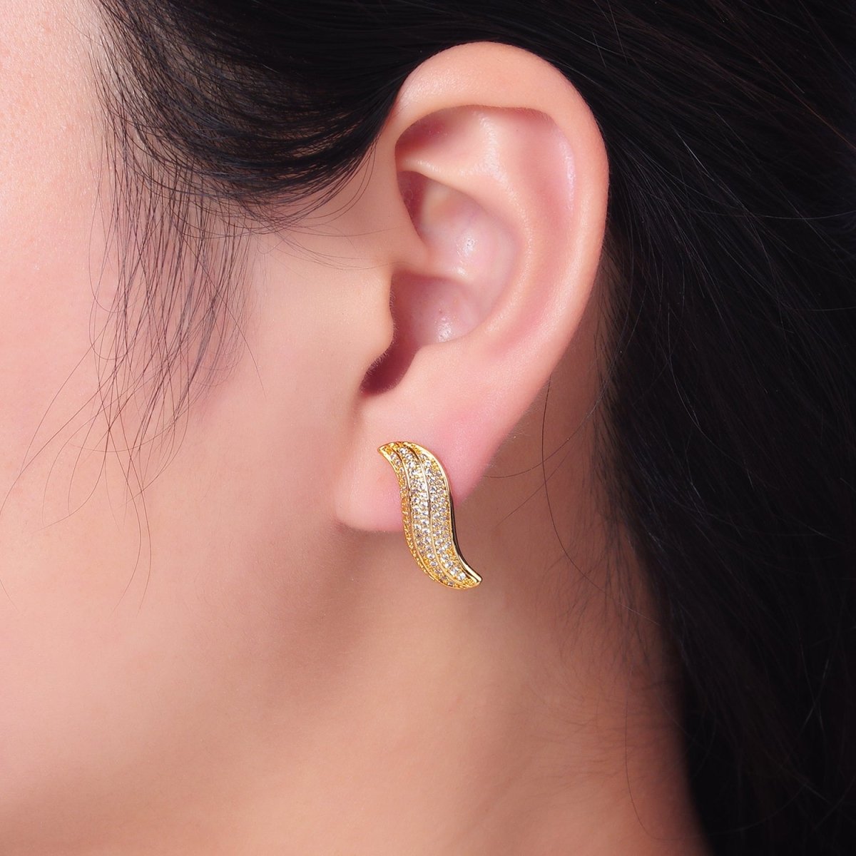 24K Gold Filled Micro Paved CZ S Curved Stud Earrings Set | P416