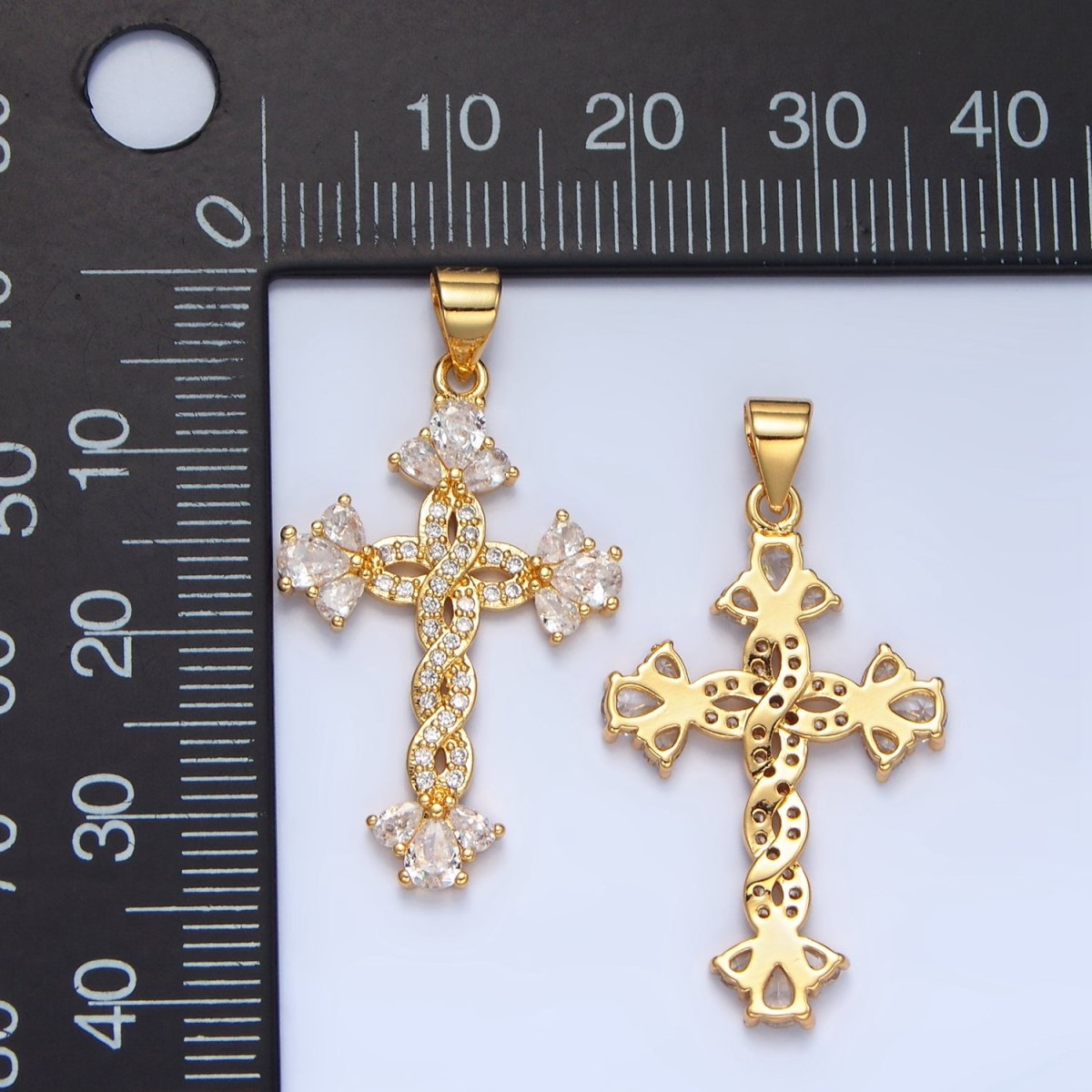 24K Gold Filled Micro Paved CZ Teardrop Open Fleur Cross Pendant | AA966