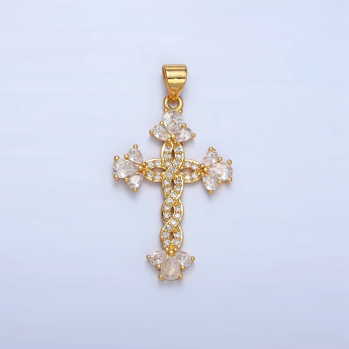 24K Gold Filled Micro Paved CZ Teardrop Open Fleur Cross Pendant | AA966