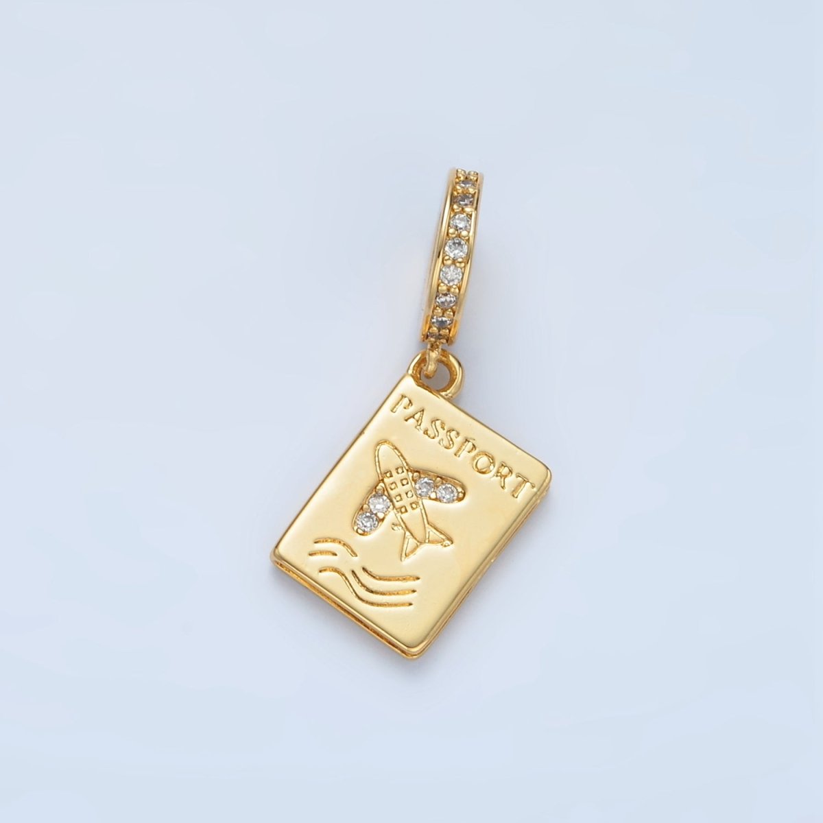 24K Gold Filled Micro Paved CZ Travel Passport Rhondelle Drop Pendant | E369