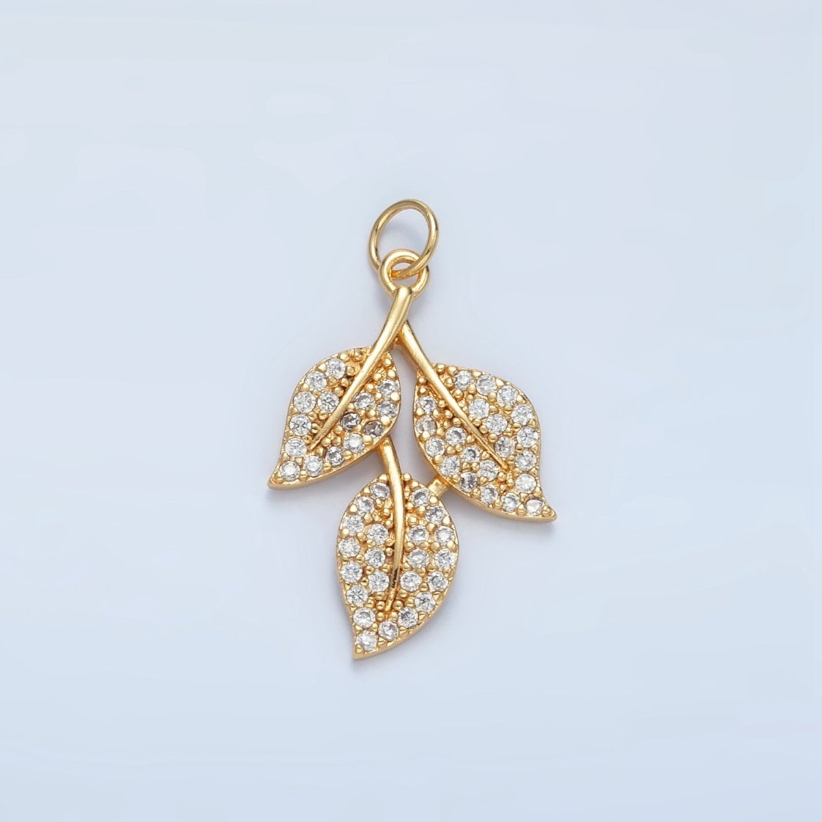 24K Gold Filled Micro Paved CZ Triple Leaf Plant Charm | W277