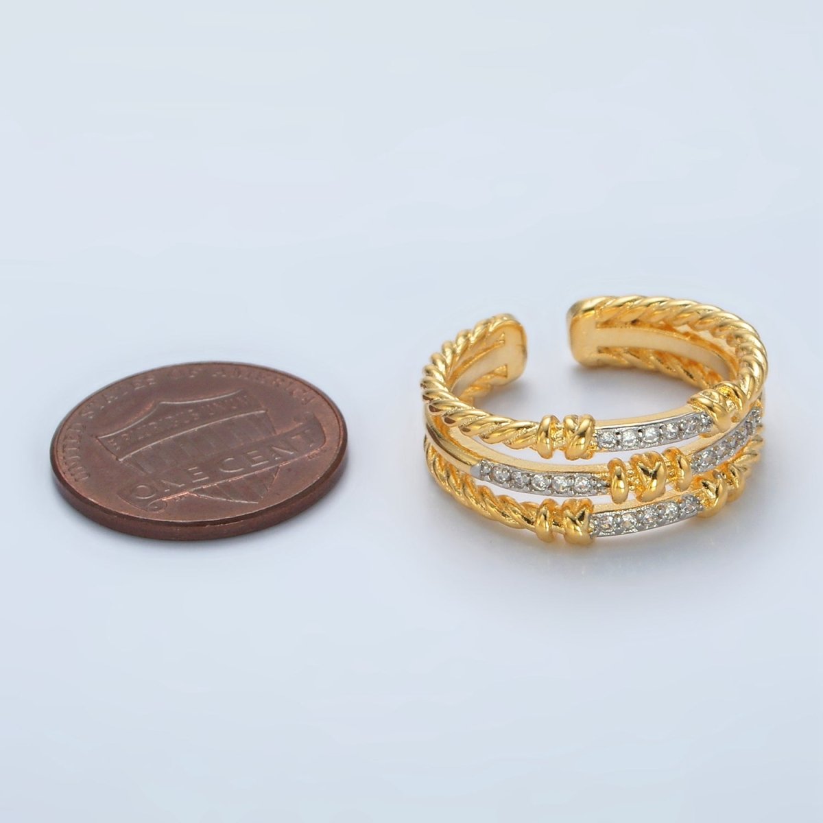 24K Gold Filled Micro Paved CZ Twisted Rope Triple Band Ring | O1400
