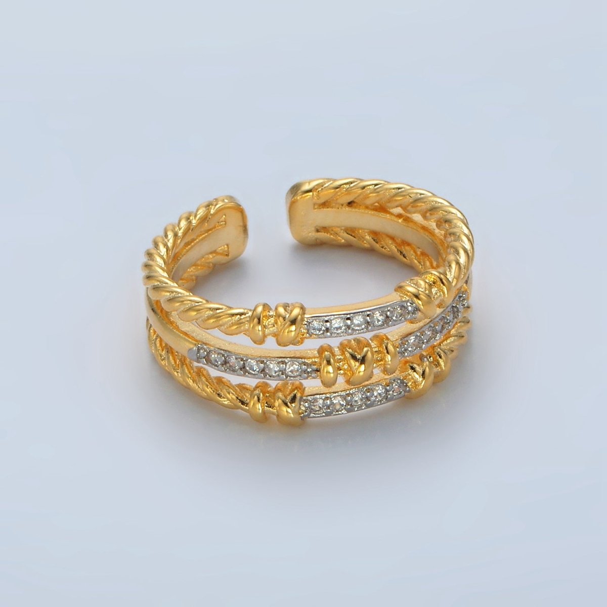 24K Gold Filled Micro Paved CZ Twisted Rope Triple Band Ring | O1400