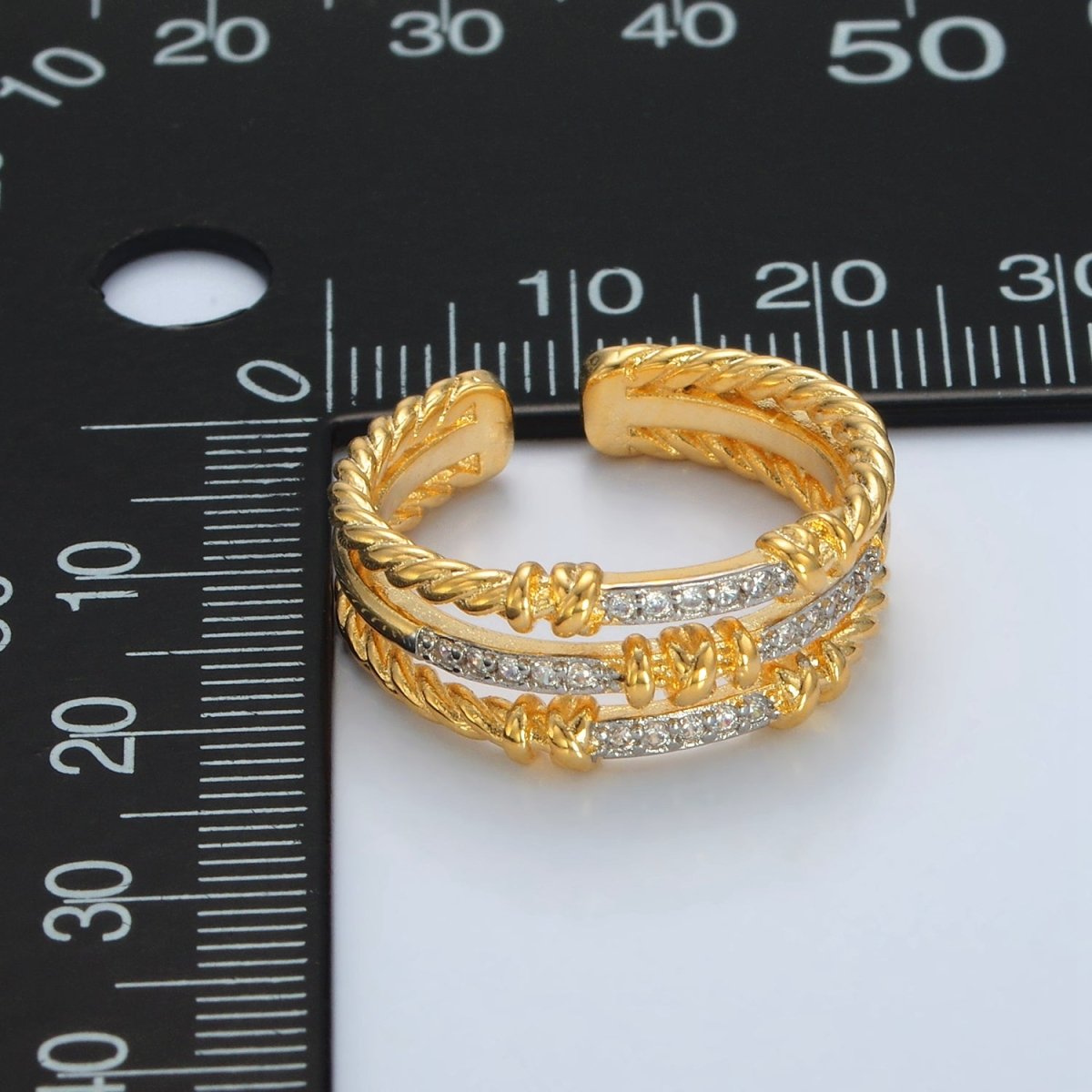 24K Gold Filled Micro Paved CZ Twisted Rope Triple Band Ring | O1400
