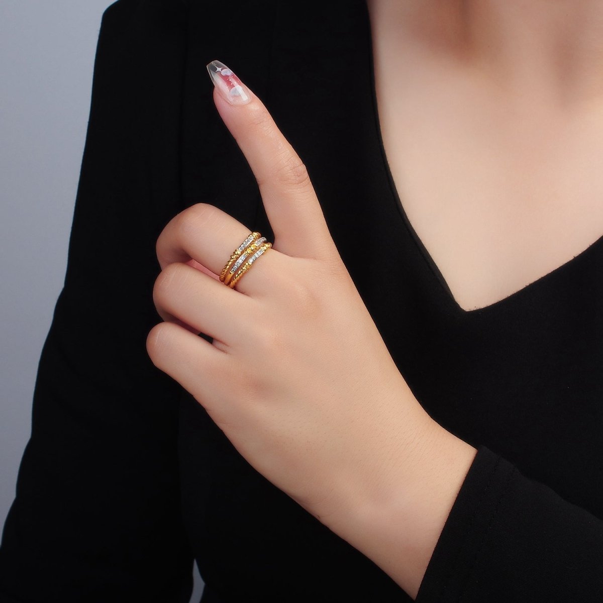 24K Gold Filled Micro Paved CZ Twisted Rope Triple Band Ring | O1400