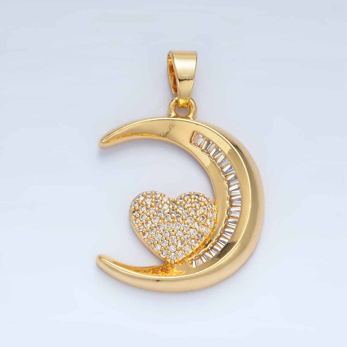 24K Gold Filled Micro Paved Heart Baguette CZ Crescent Moon Celestial Pendant | AA871