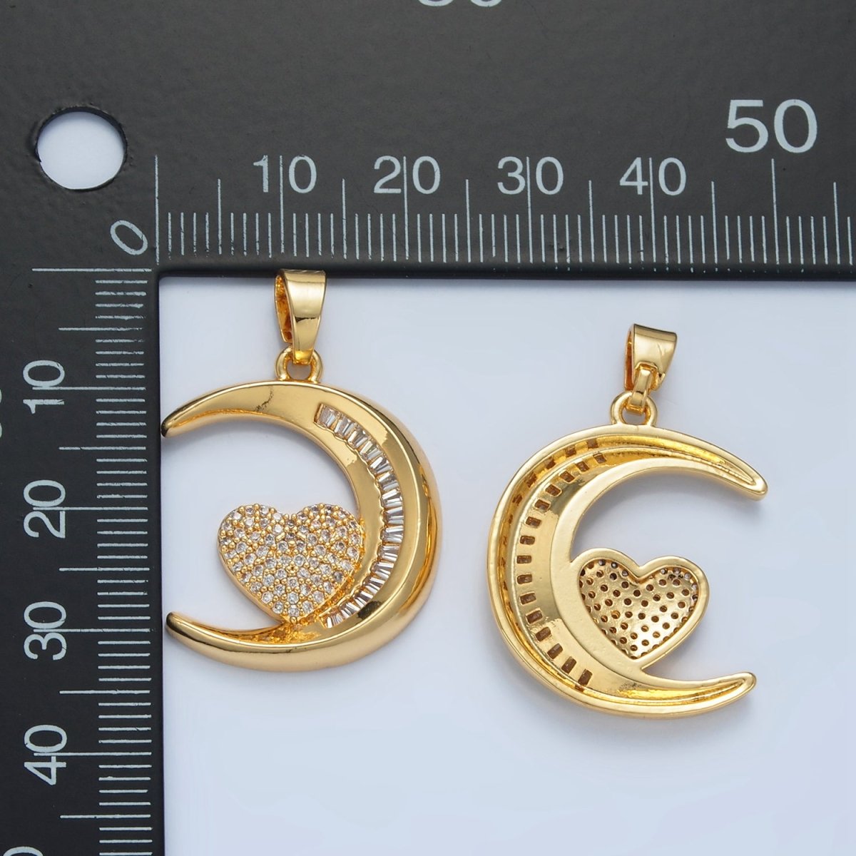 24K Gold Filled Micro Paved Heart Baguette CZ Crescent Moon Celestial Pendant | AA871