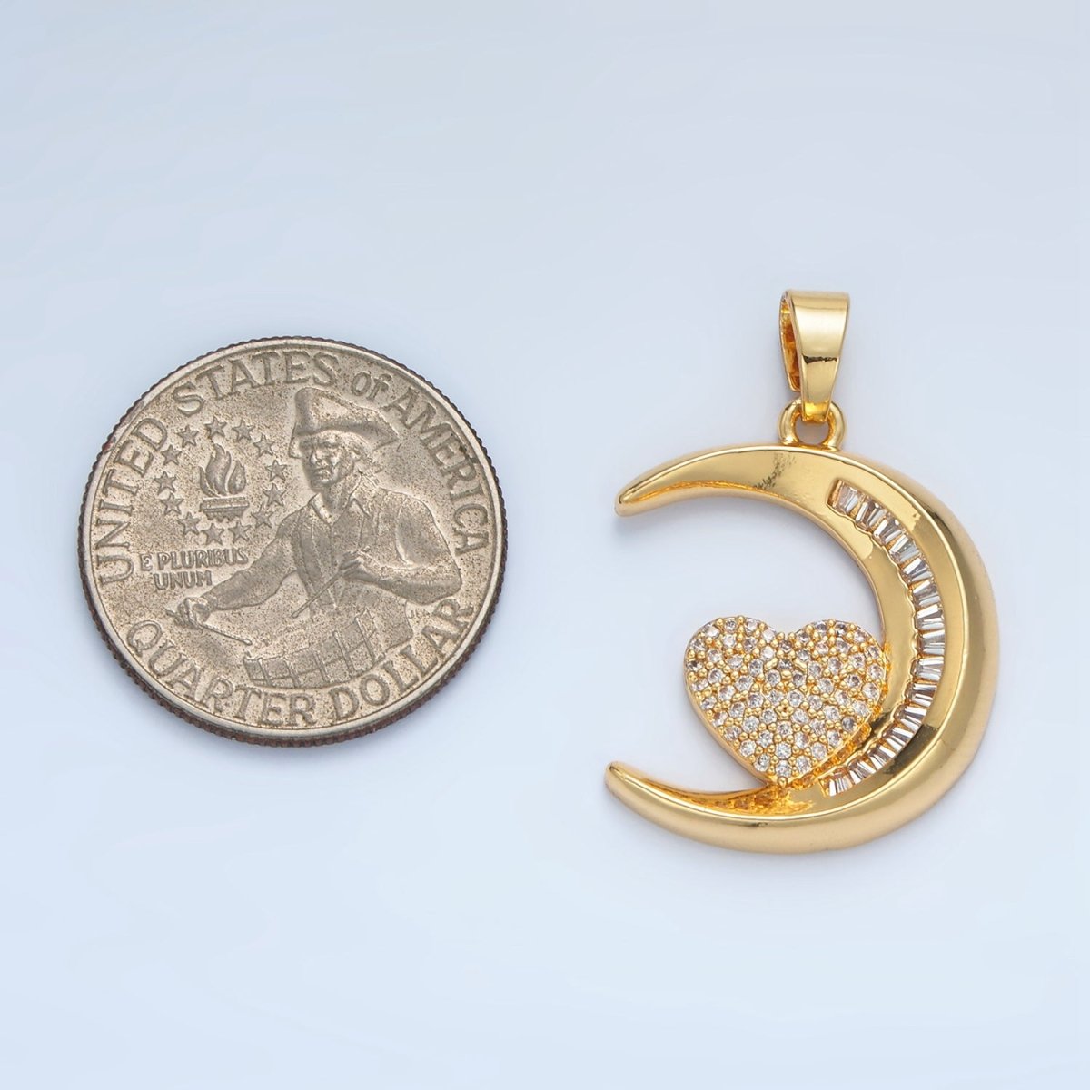 24K Gold Filled Micro Paved Heart Baguette CZ Crescent Moon Celestial Pendant | AA871