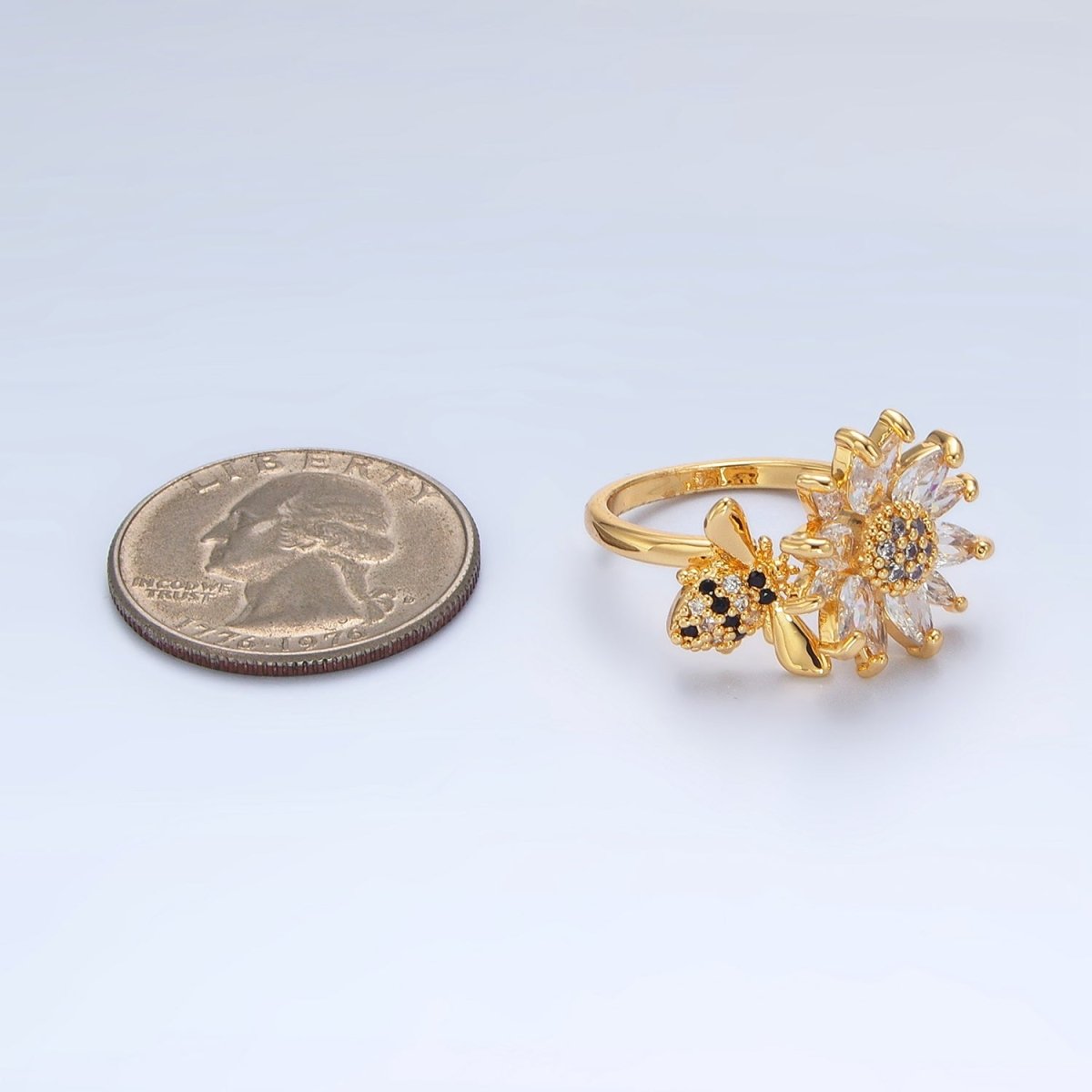 24K Gold Filled Micro Paved Marquise CZ Flower Bumble Bee Ring | U368