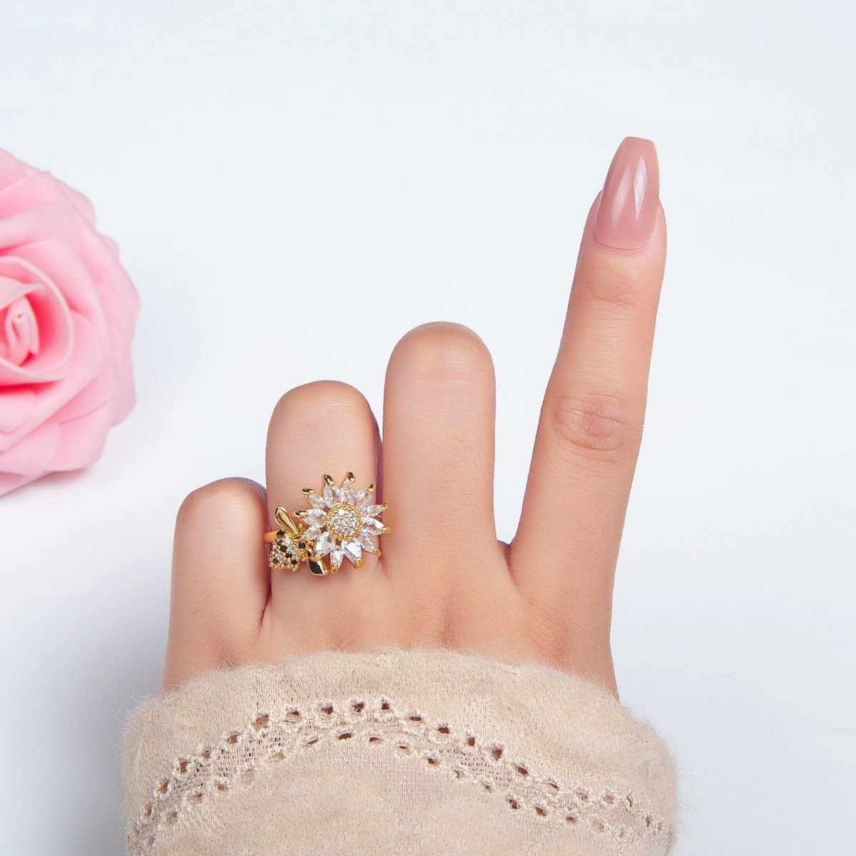 24K Gold Filled Micro Paved Marquise CZ Flower Bumble Bee Ring | U368