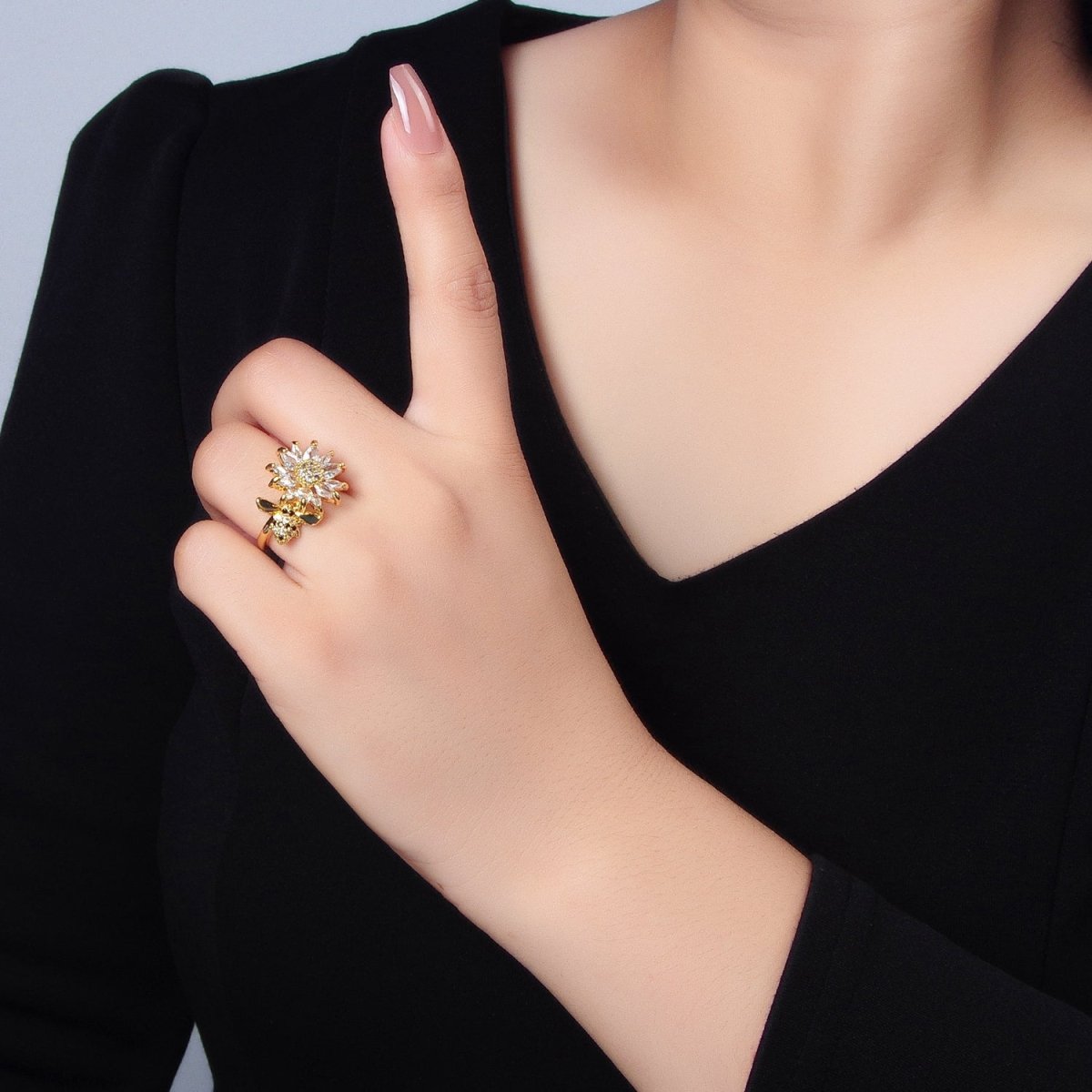 24K Gold Filled Micro Paved Marquise CZ Flower Bumble Bee Ring | U368