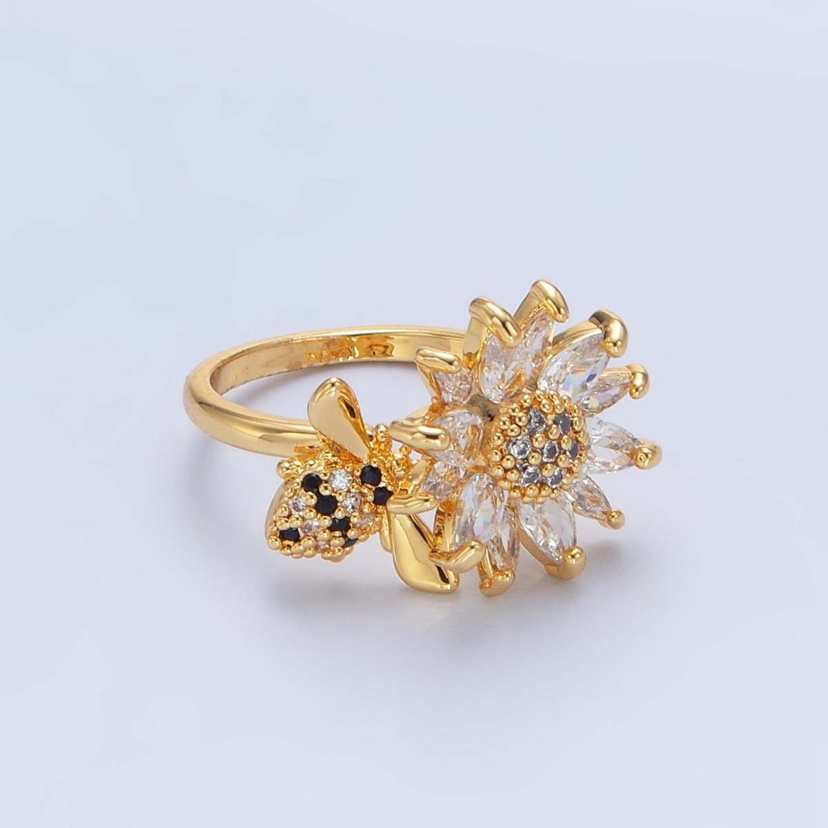 24K Gold Filled Micro Paved Marquise CZ Flower Bumble Bee Ring | U368