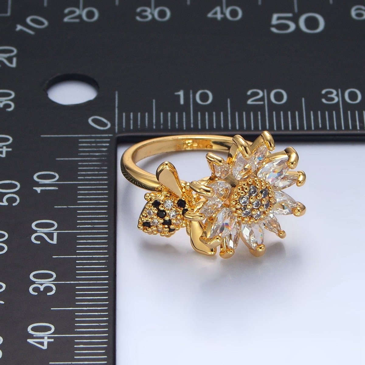 24K Gold Filled Micro Paved Marquise CZ Flower Bumble Bee Ring | U368