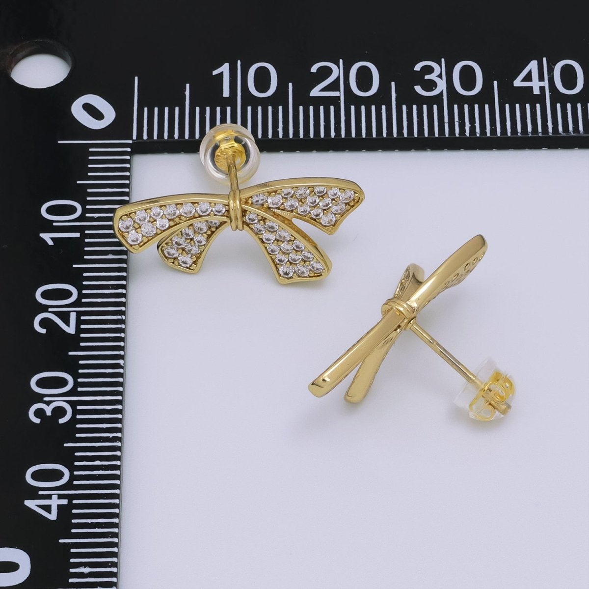 24K Gold Filled Micro Paved Ribbon Bow Stud Earrings | T063