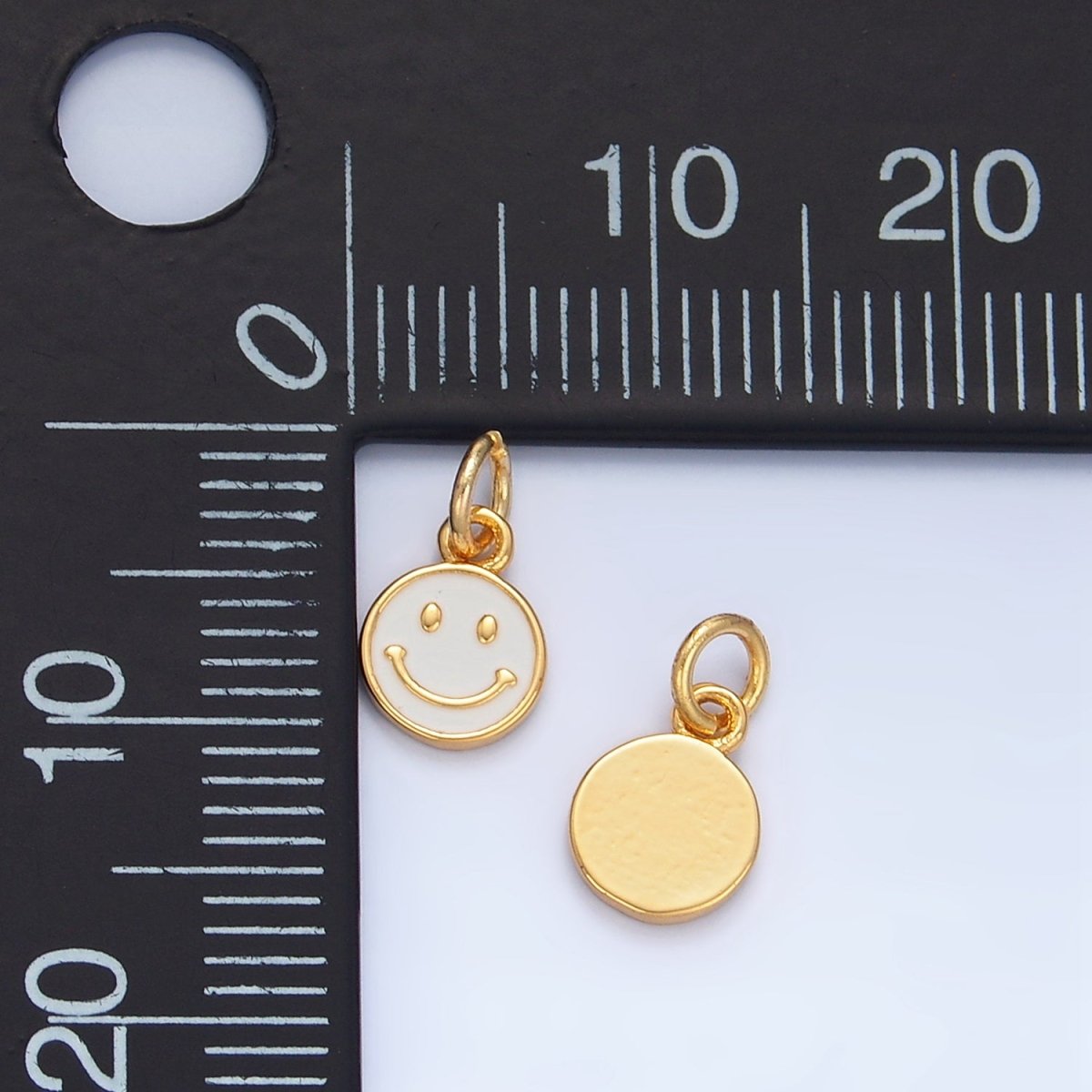 24K Gold Filled Mini Smiley Face White Enamel Round Bezel Charm | X828