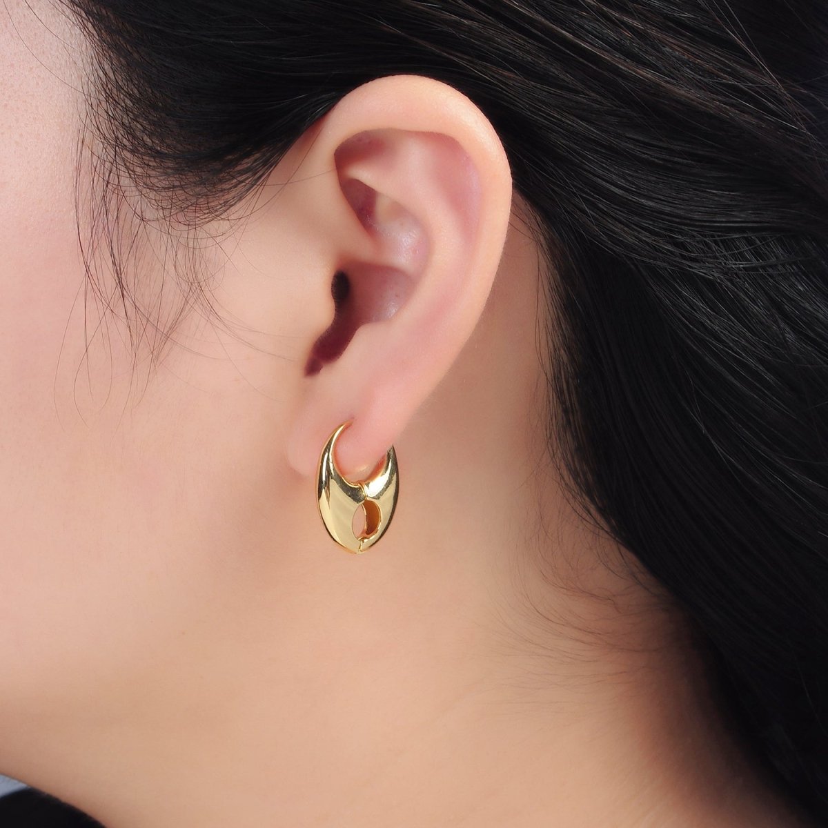 24K Gold Filled Minimalist Geometric Open Dome Tab Huggie Earrings | Q487