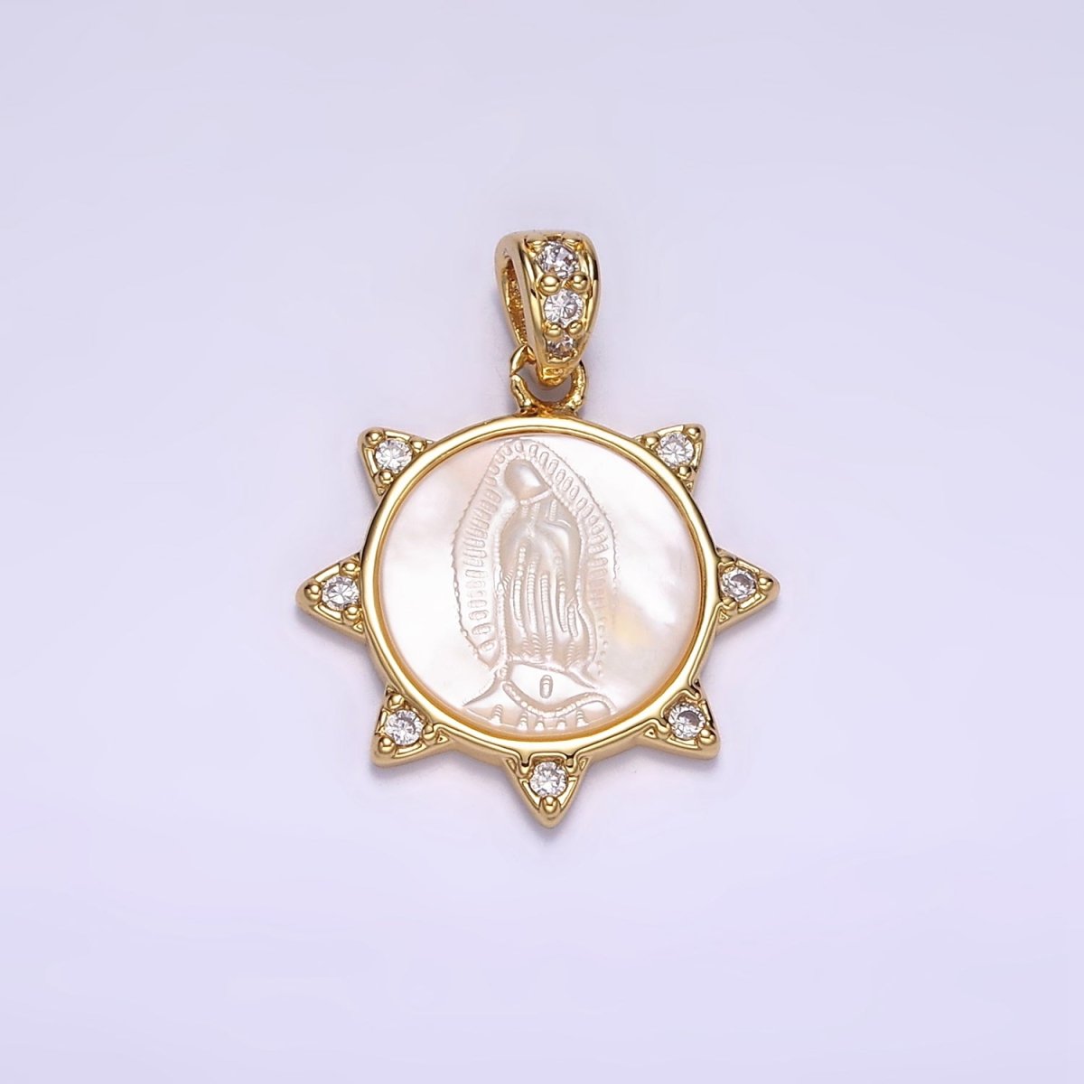 24K Gold Filled Miraculous Mary Celestial Sun CZ Shell Pearl Pendant | AA057