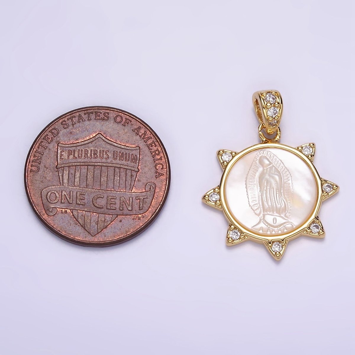 24K Gold Filled Miraculous Mary Celestial Sun CZ Shell Pearl Pendant | AA057