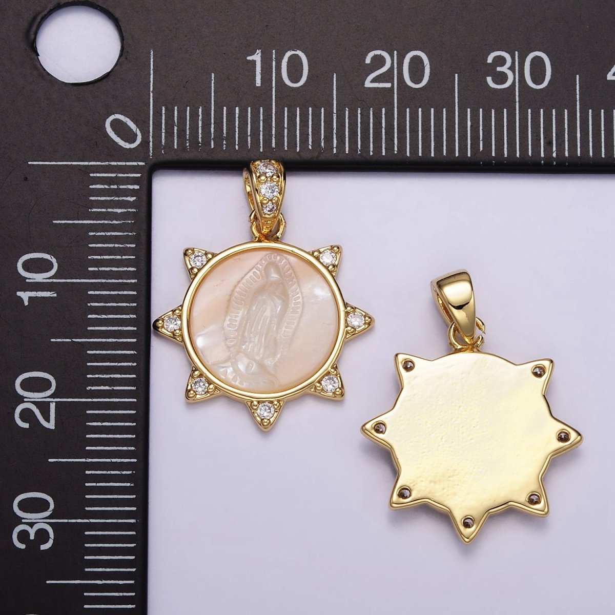 24K Gold Filled Miraculous Mary Celestial Sun CZ Shell Pearl Pendant | AA057