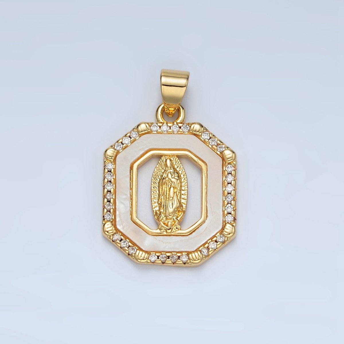 24K Gold Filled Miraculous Mary Religious Figure Shell Pearl Micro Paved CZ Hexagon Pendant | I154