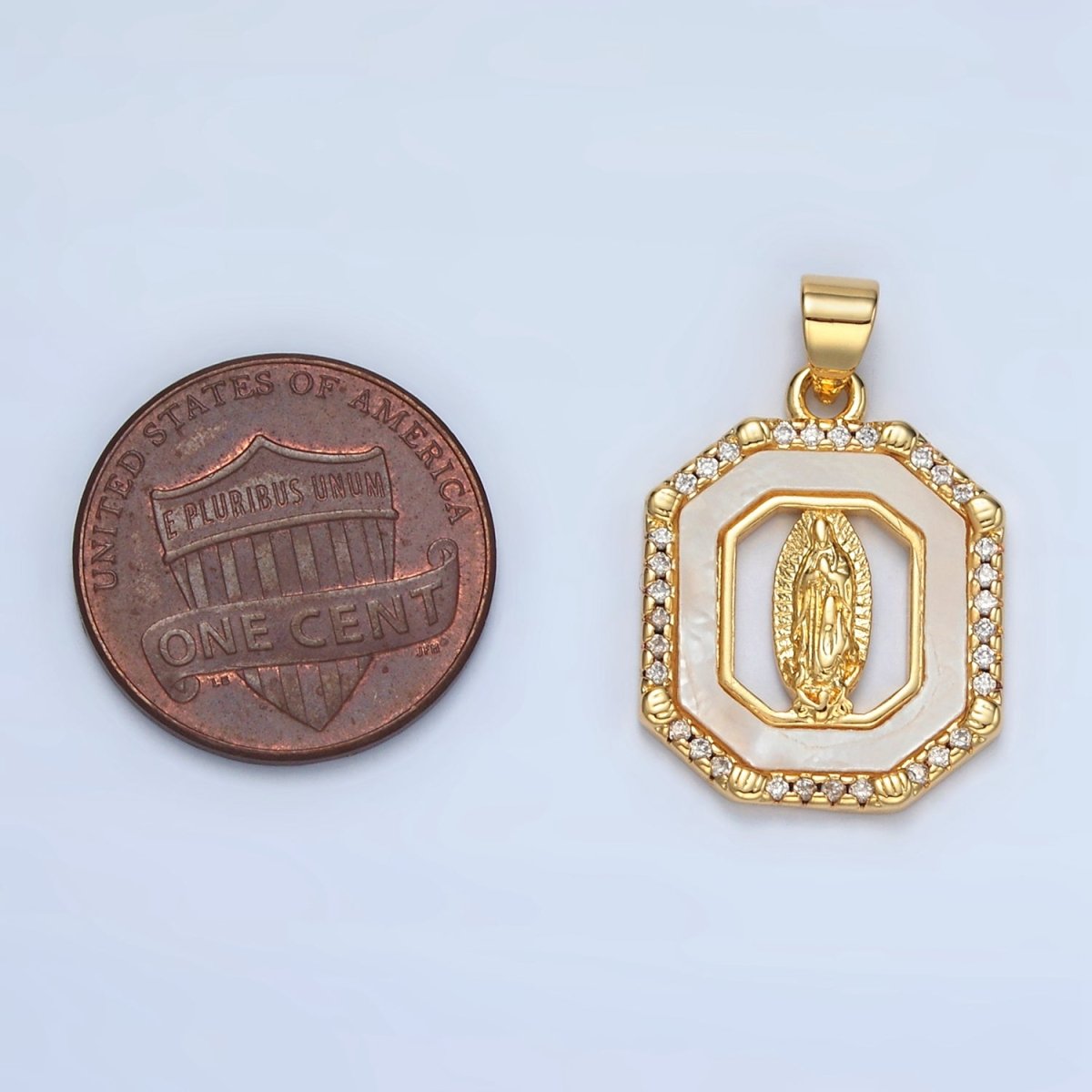 24K Gold Filled Miraculous Mary Religious Figure Shell Pearl Micro Paved CZ Hexagon Pendant | I154