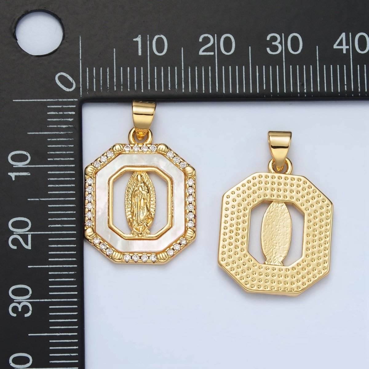 24K Gold Filled Miraculous Mary Religious Figure Shell Pearl Micro Paved CZ Hexagon Pendant | I154