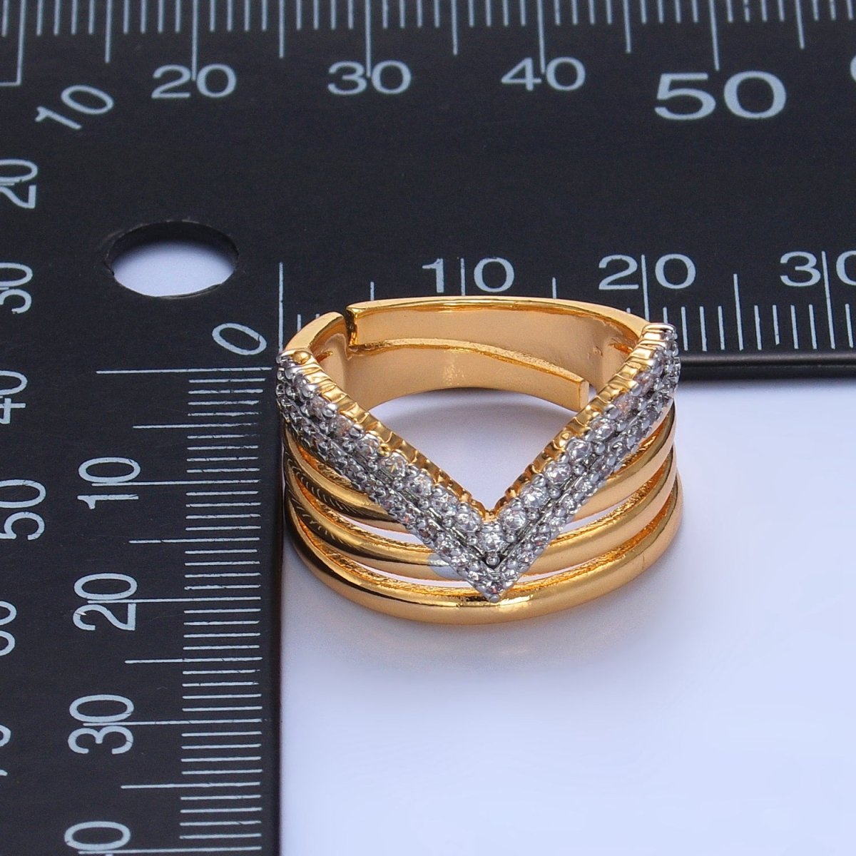 SJ | 24K Gold Filled Mixed Metal Micro Paved CZ Chevron Multiple Band Ring | U388