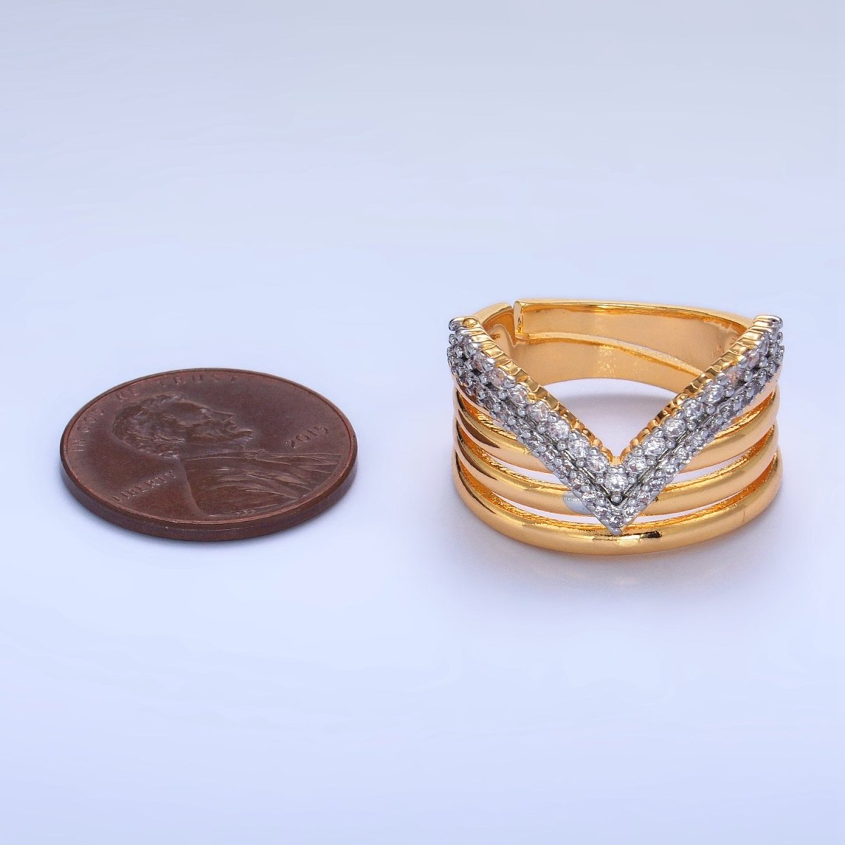SJ | 24K Gold Filled Mixed Metal Micro Paved CZ Chevron Multiple Band Ring | U388