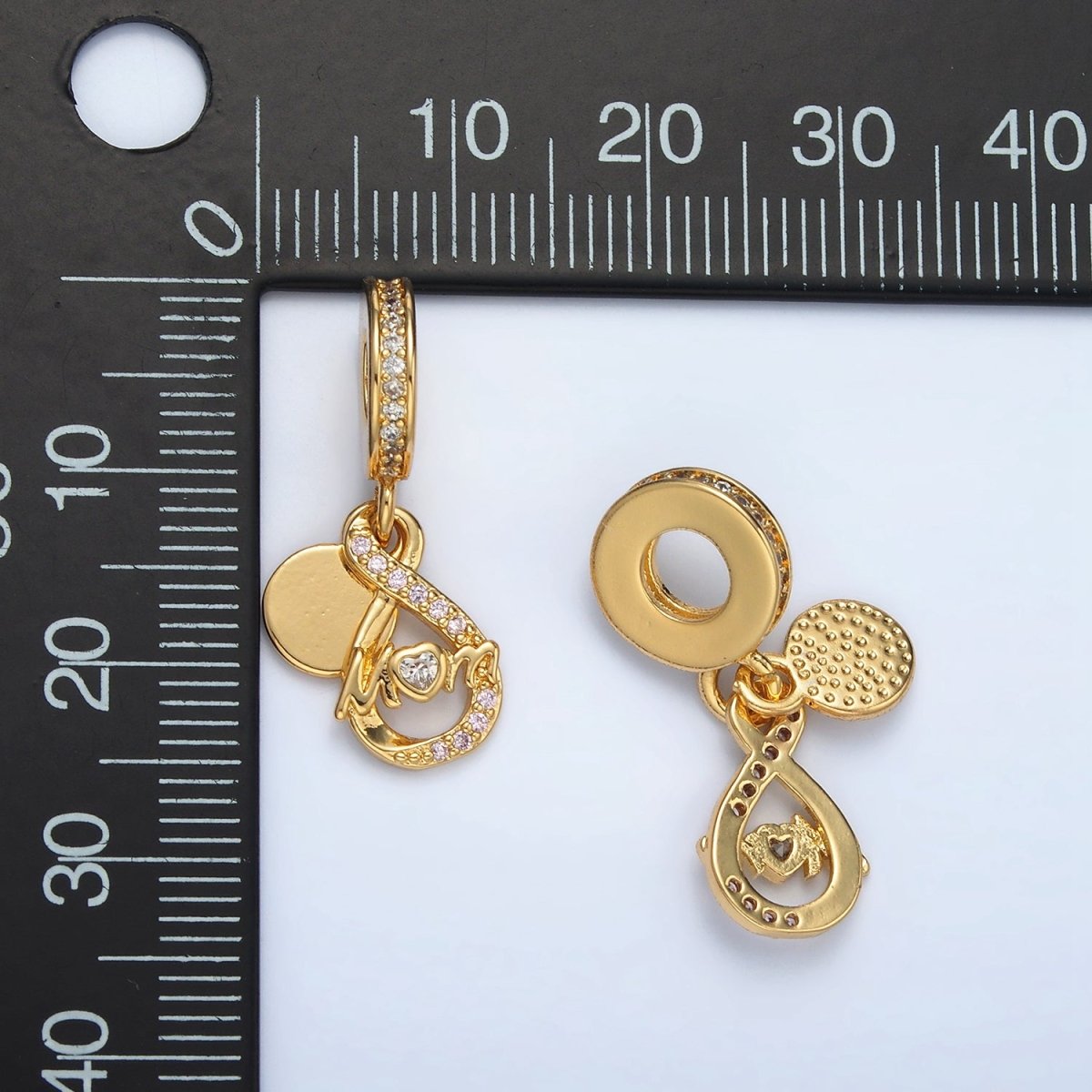 24K Gold Filled "MOM" Infinity Micro Paced CZ Rhondelle Bail Double Drop Pendant | AC093