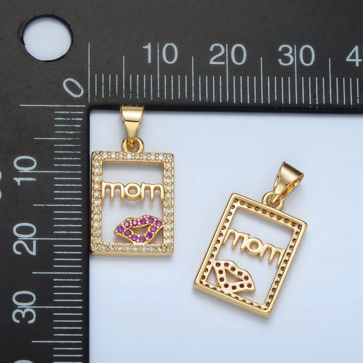 24K Gold Filled "MOM" Script Lips Open Rectangular Micro Paved Pendant | I680