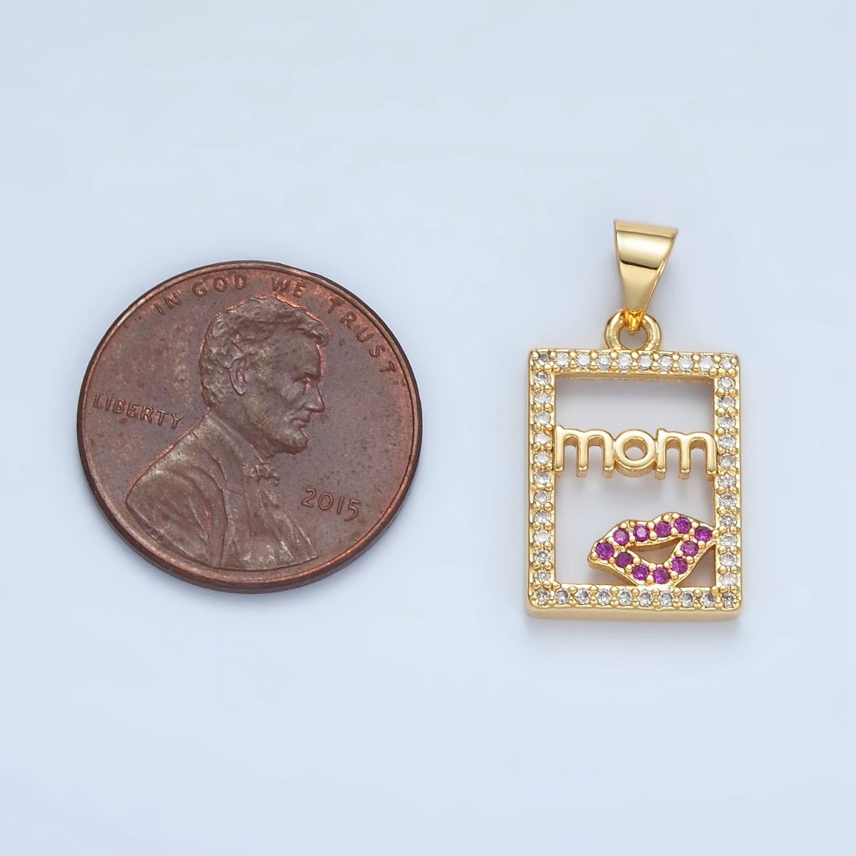 24K Gold Filled "MOM" Script Lips Open Rectangular Micro Paved Pendant | I680