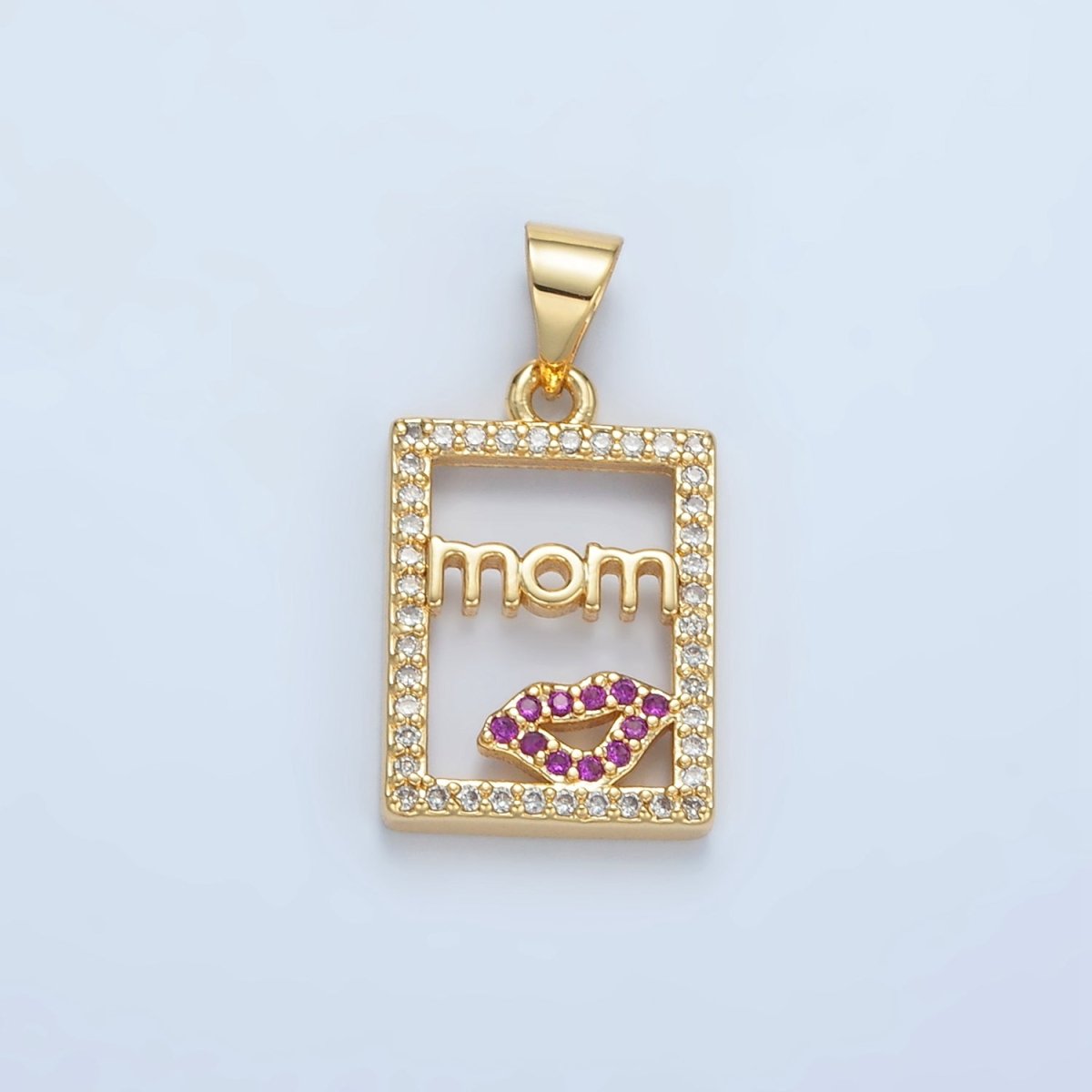 24K Gold Filled "MOM" Script Lips Open Rectangular Micro Paved Pendant | I680