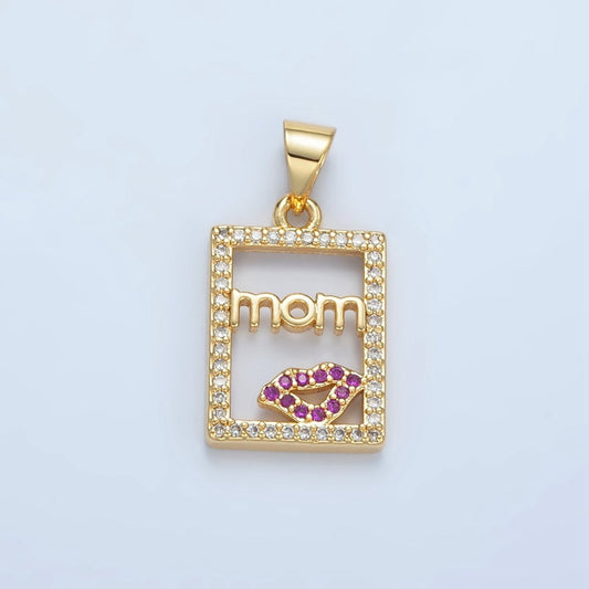 24K Gold Filled "MOM" Script Lips Open Rectangular Micro Paved Pendant | I680