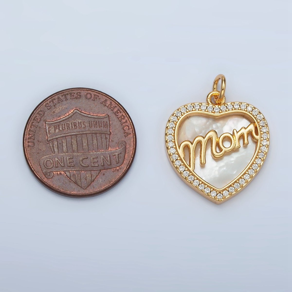 24K Gold Filled "MOM" Script Shell Pearl Micro Paved CZ Heart Charm | AG858