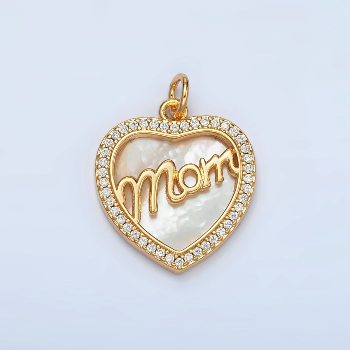24K Gold Filled "MOM" Script Shell Pearl Micro Paved CZ Heart Charm | AG858