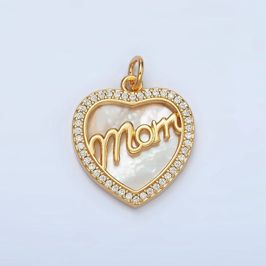 24K Gold Filled "MOM" Script Shell Pearl Micro Paved CZ Heart Charm | AG858