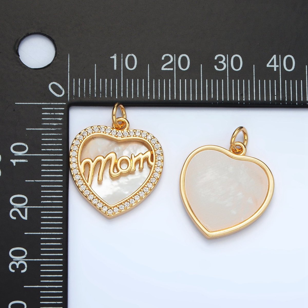 24K Gold Filled "MOM" Script Shell Pearl Micro Paved CZ Heart Charm | AG858