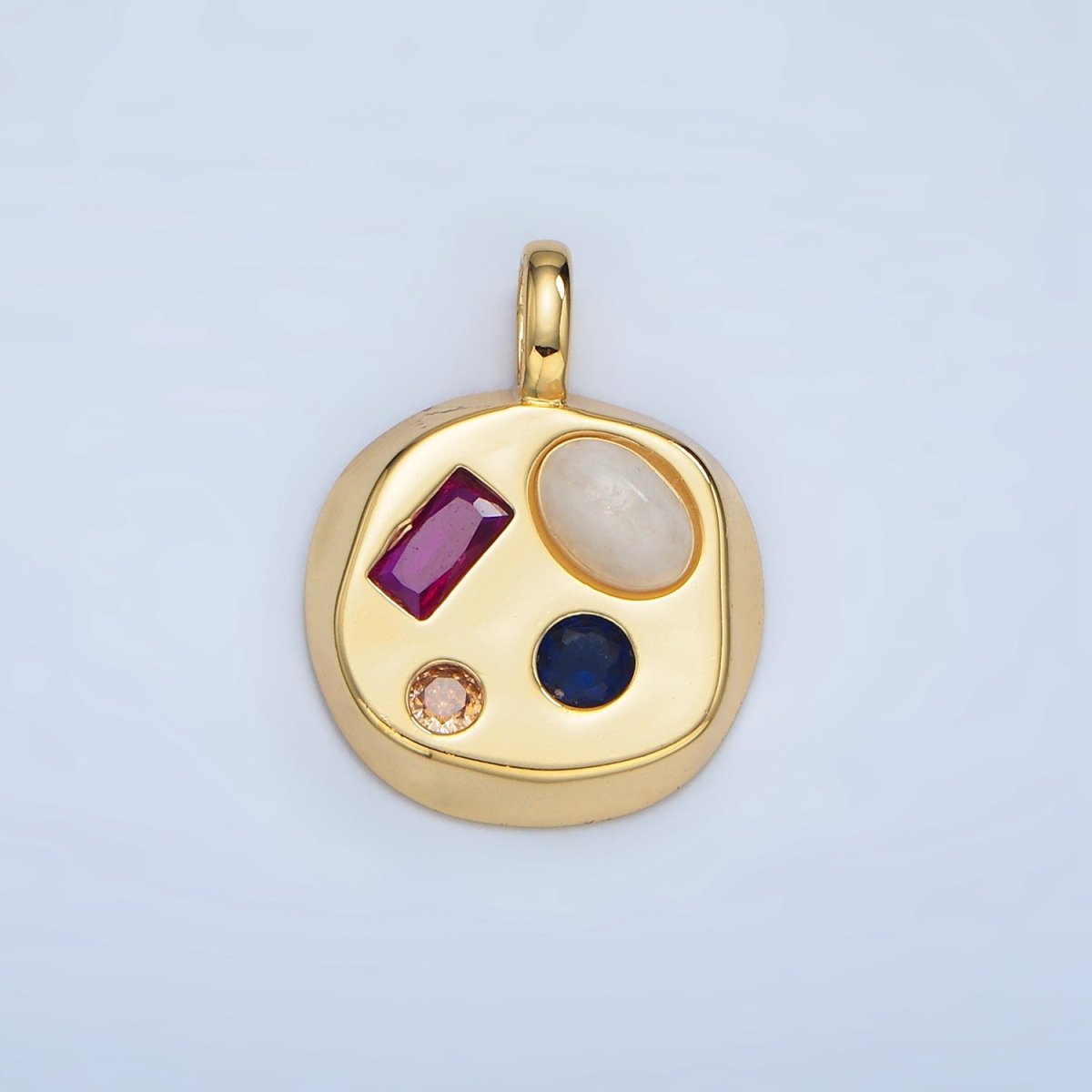 24K Gold Filled Moonstone, Amazonite, Labradorite Cabochon Multicolor CZ Round Pendant | AA970 - AA972