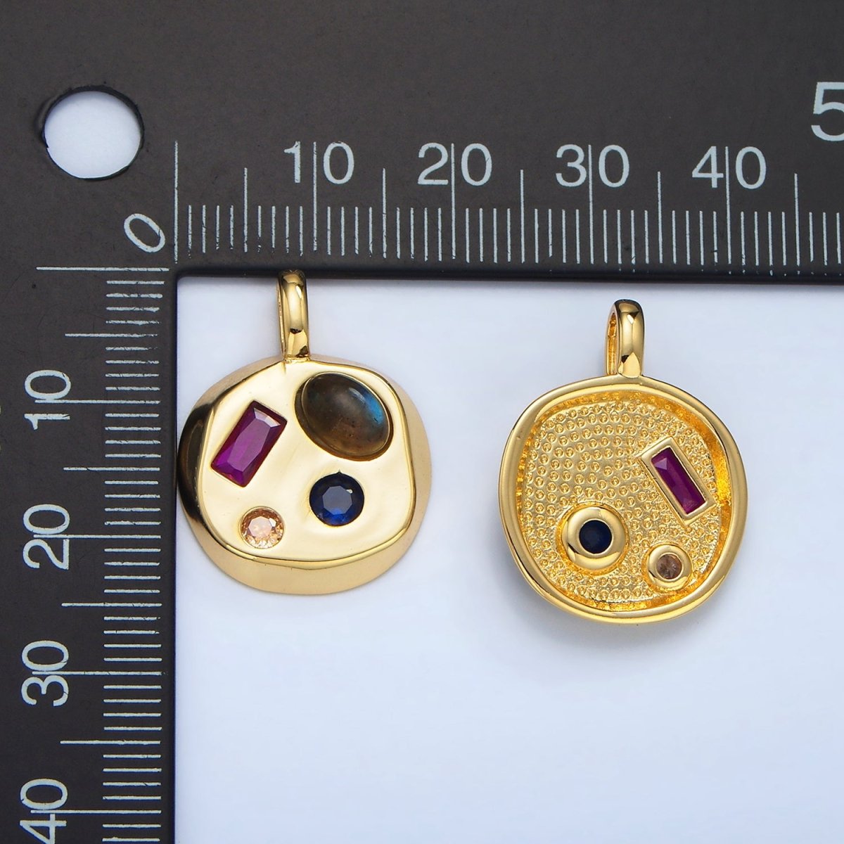 24K Gold Filled Moonstone, Amazonite, Labradorite Cabochon Multicolor CZ Round Pendant | AA970 - AA972