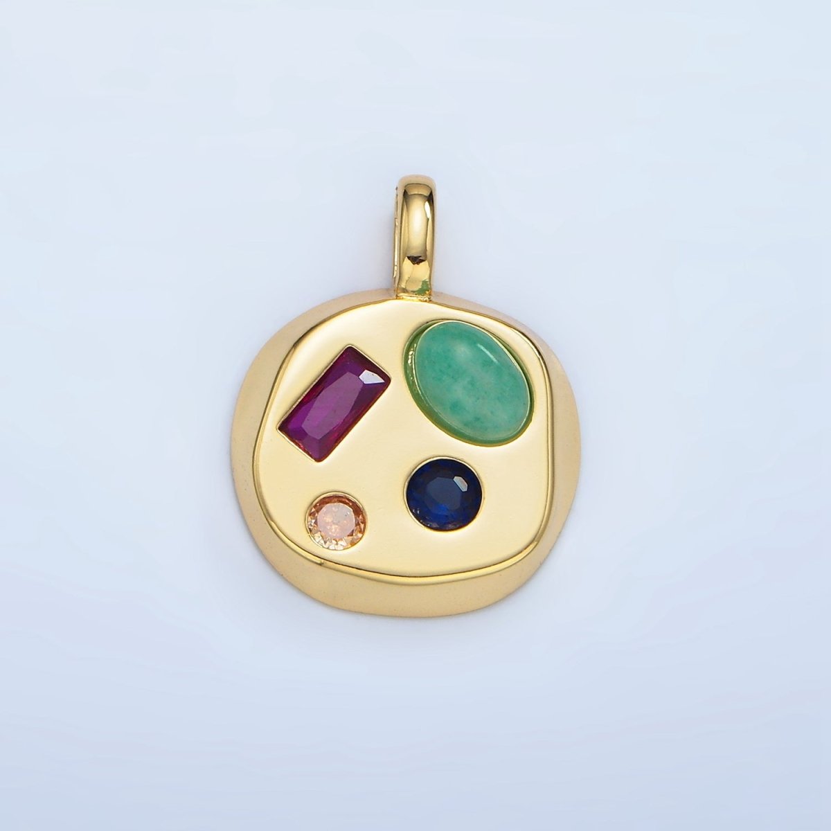 24K Gold Filled Moonstone, Amazonite, Labradorite Cabochon Multicolor CZ Round Pendant | AA970 - AA972