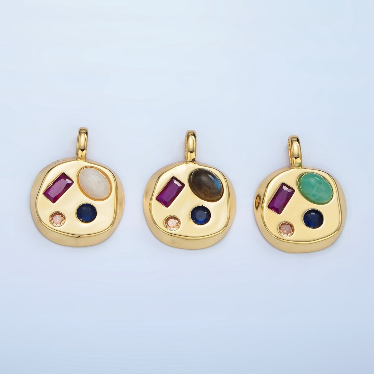 24K Gold Filled Moonstone, Amazonite, Labradorite Cabochon Multicolor CZ Round Pendant | AA970 - AA972
